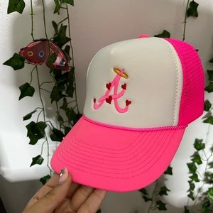 3 snapback hats. red, pink and lime green.